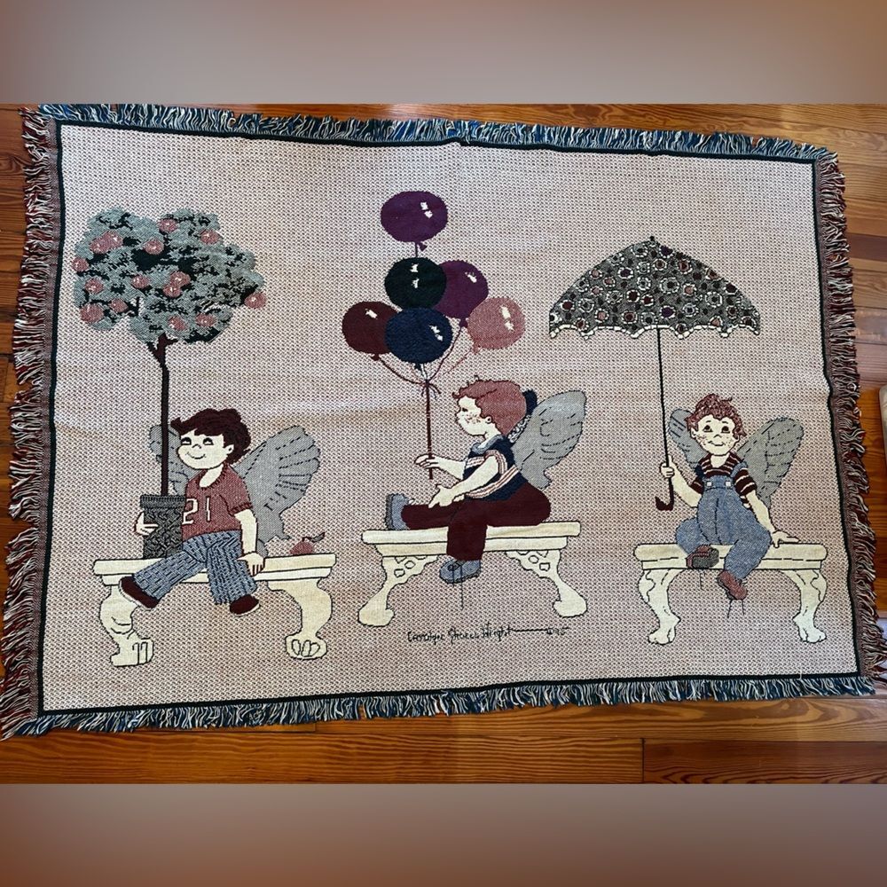 Carolyn Shores Wright Children Angels Throw Blanket Afghan Tapestry Approx 48X66
